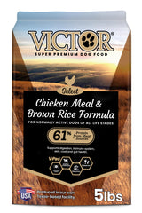 Victor croquettes poulet et riz brun, alimentation équilibrée pour chiens actifs.