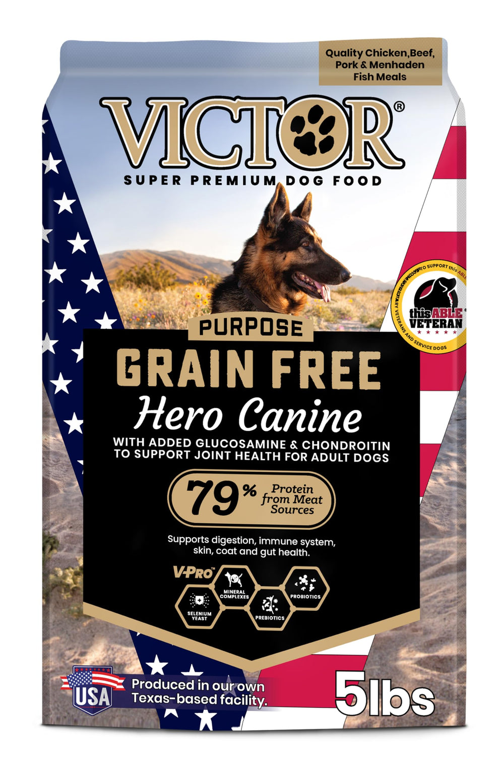 VICTOR croquettes sans cereales hero canine dans un sac de 5 livres adaptees chiens actifs.