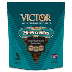 VICTOR Hi-Pro Bites au bœuf réel, premier ingrédient, snack protéiné pour chiens actifs.