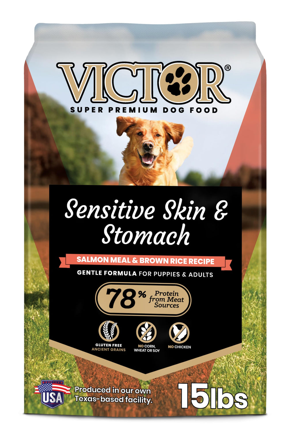 VICTOR sensible peau et estomac : croquettes saumon et riz brun pour chiens sensibles.