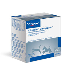 Virbac ALLERDERM OMEGADERM – le flacon illustre un pelage sain et une peau hydratée.