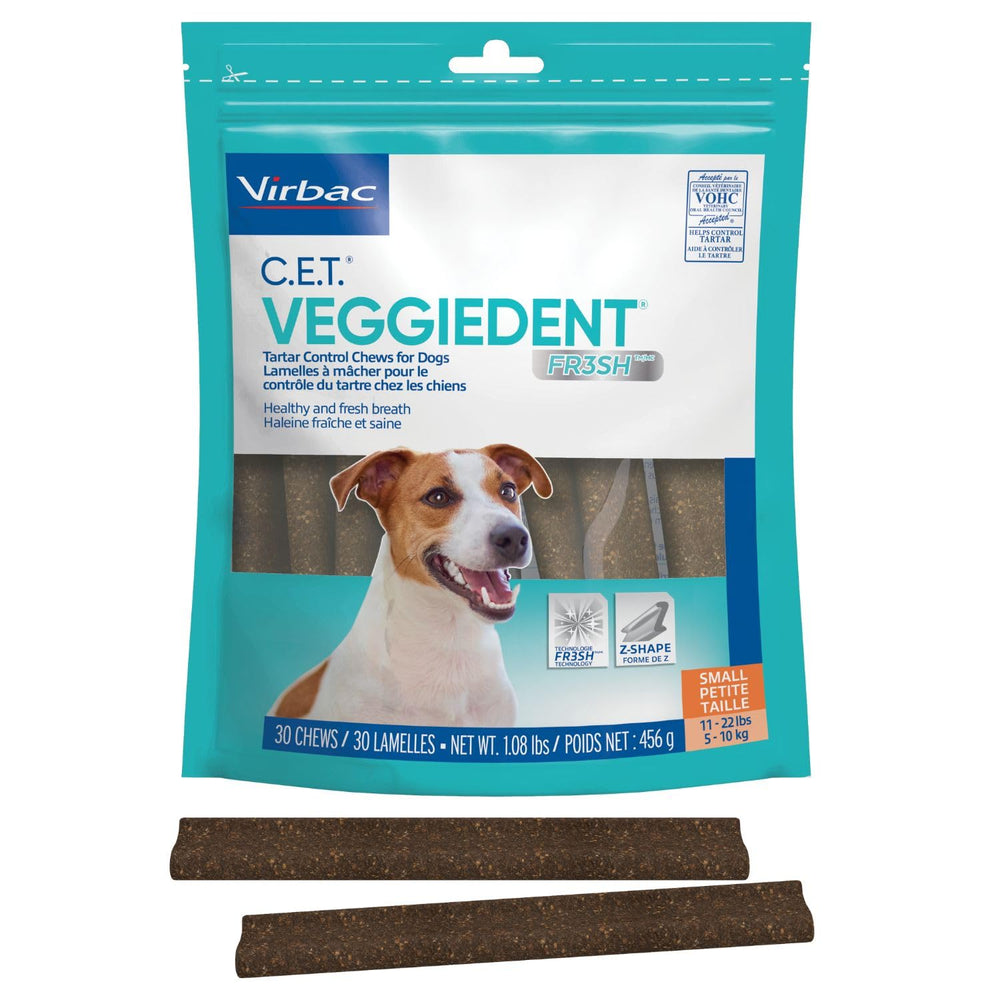 Virbac CET VEGGIEDENT FR3SH emballage avec sachet de 30 friandises pour petits chiens.
