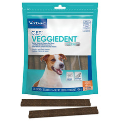 Virbac CET VEGGIEDENT FR3SH emballage avec sachet de 30 friandises pour petits chiens.