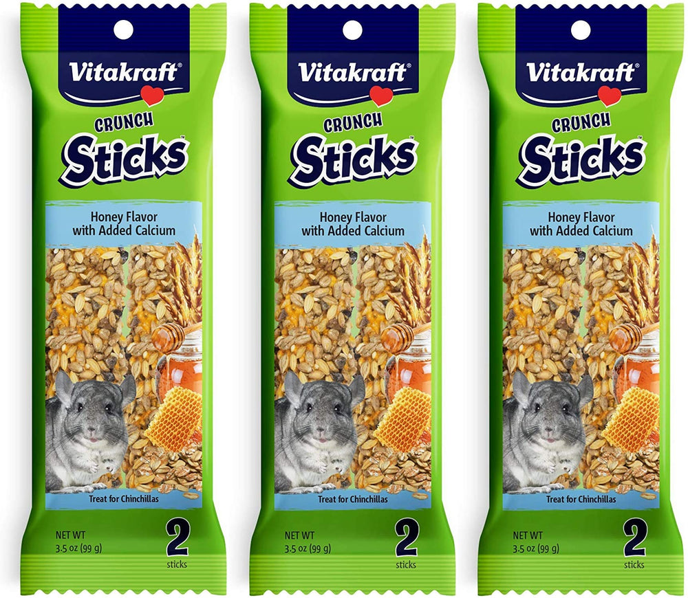 Vitakraft bâtonnets miel calcium chinchilla emballage, friandise croquante pour enrichir l'alimentation.