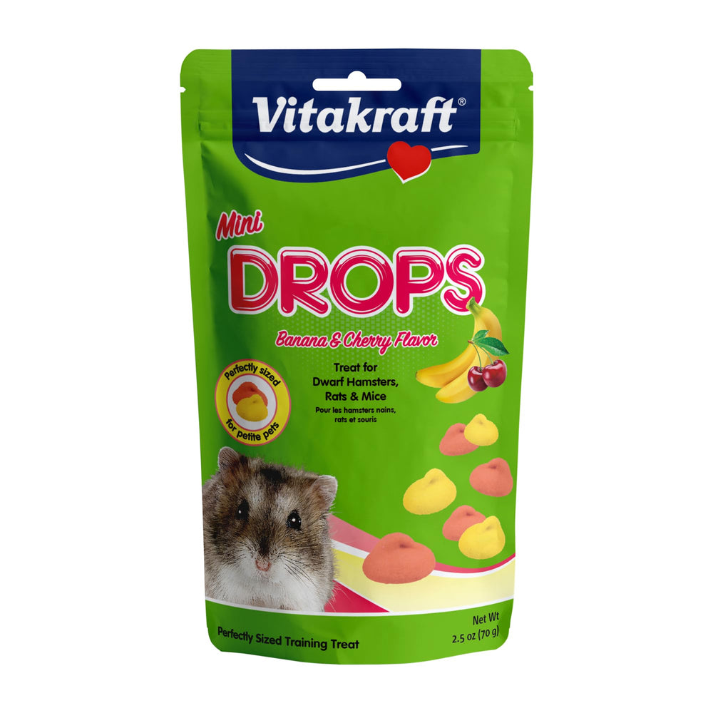 Vitakraft Mini Drops cerise-banane pour hamster, récompense gourmande lors de l'entraînement.