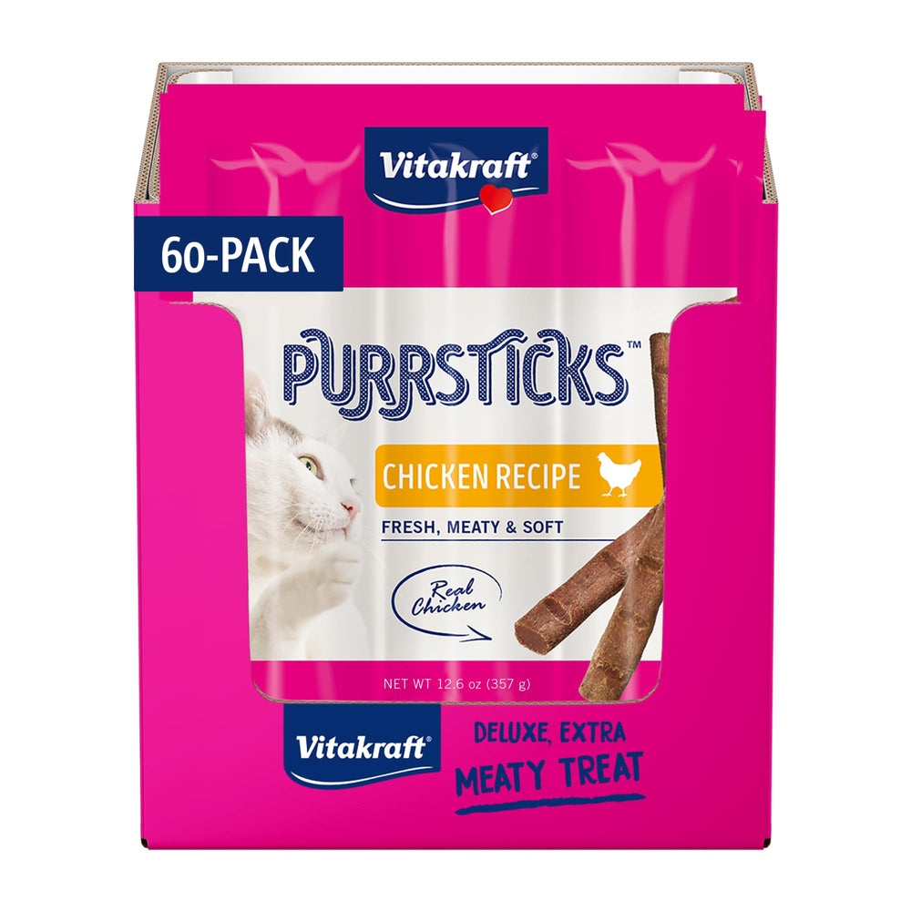 Vitakraft PurrSticks poulet – emballage montrant la boîte de 60 bâtonnets faciles à stocker