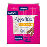 Vitakraft PurrSticks poulet – emballage montrant la boîte de 60 bâtonnets faciles à stocker
