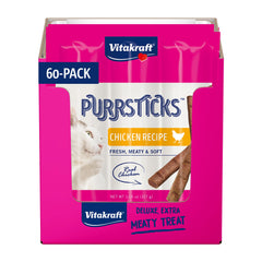 Vitakraft PurrSticks poulet – emballage montrant la boîte de 60 bâtonnets faciles à stocker