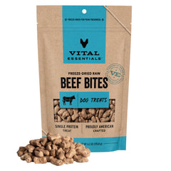 Vital Essentials bouchée de boeuf lyophilisée, profil protéique élevé pour énergie.