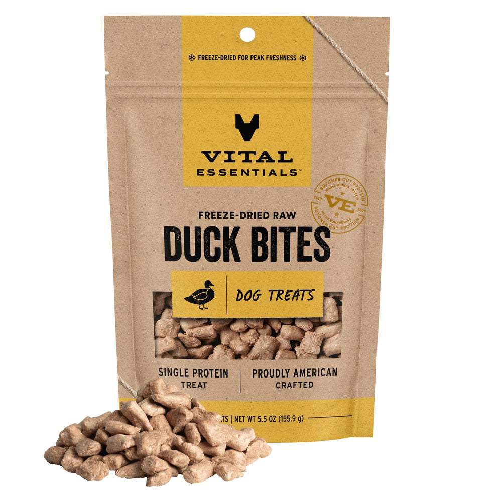 Vital Essentials bouchées canard séché: friandise protéinée mono-protéine pour chiens actifs.
