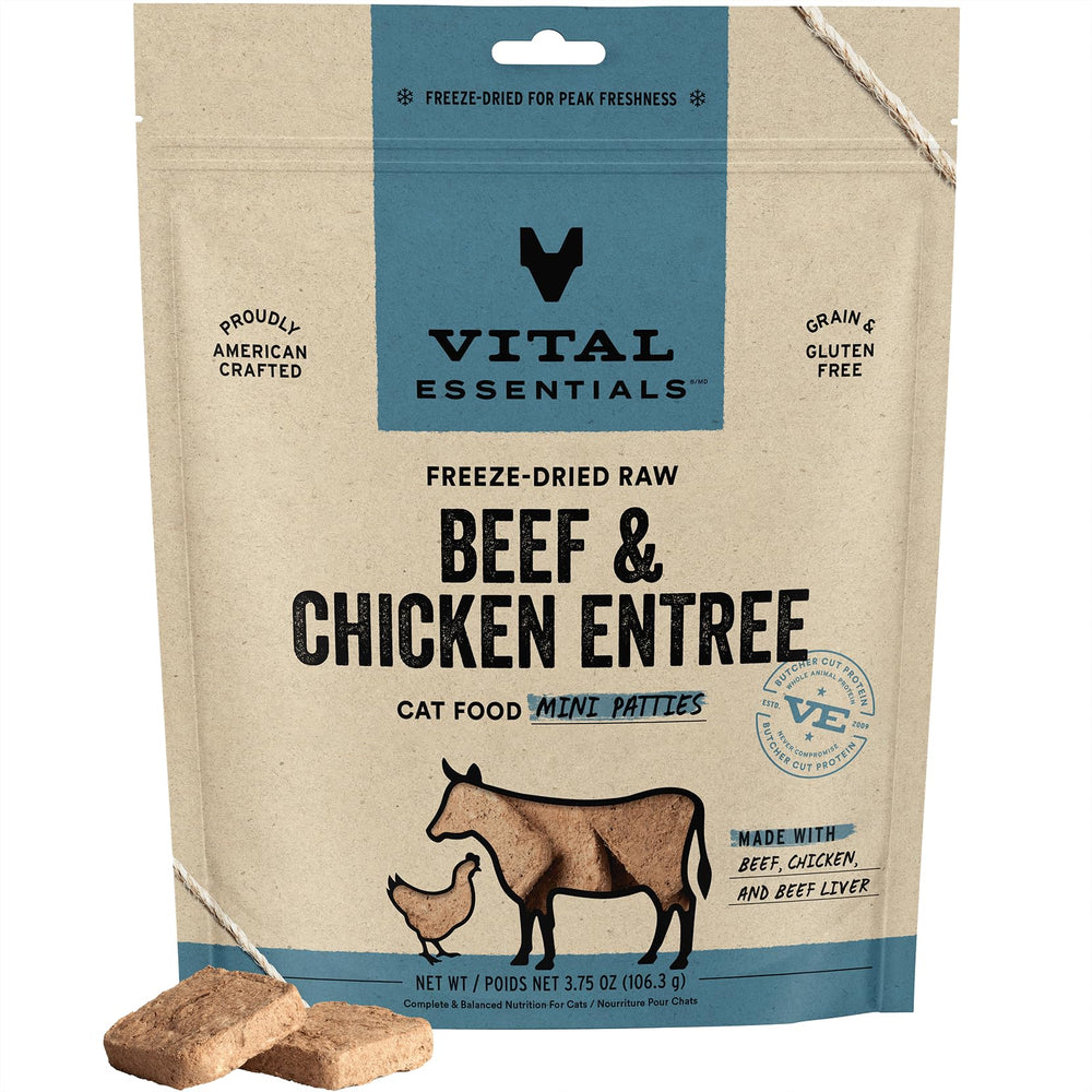 Vital Essentials: emballage clair mettant en valeur les galettes mini pour chat.
