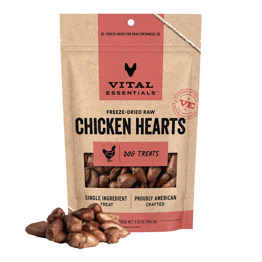 Vital Essentials – coeurs de poulet lyophilisés, récompense protéinée pour chiens énergiques.
