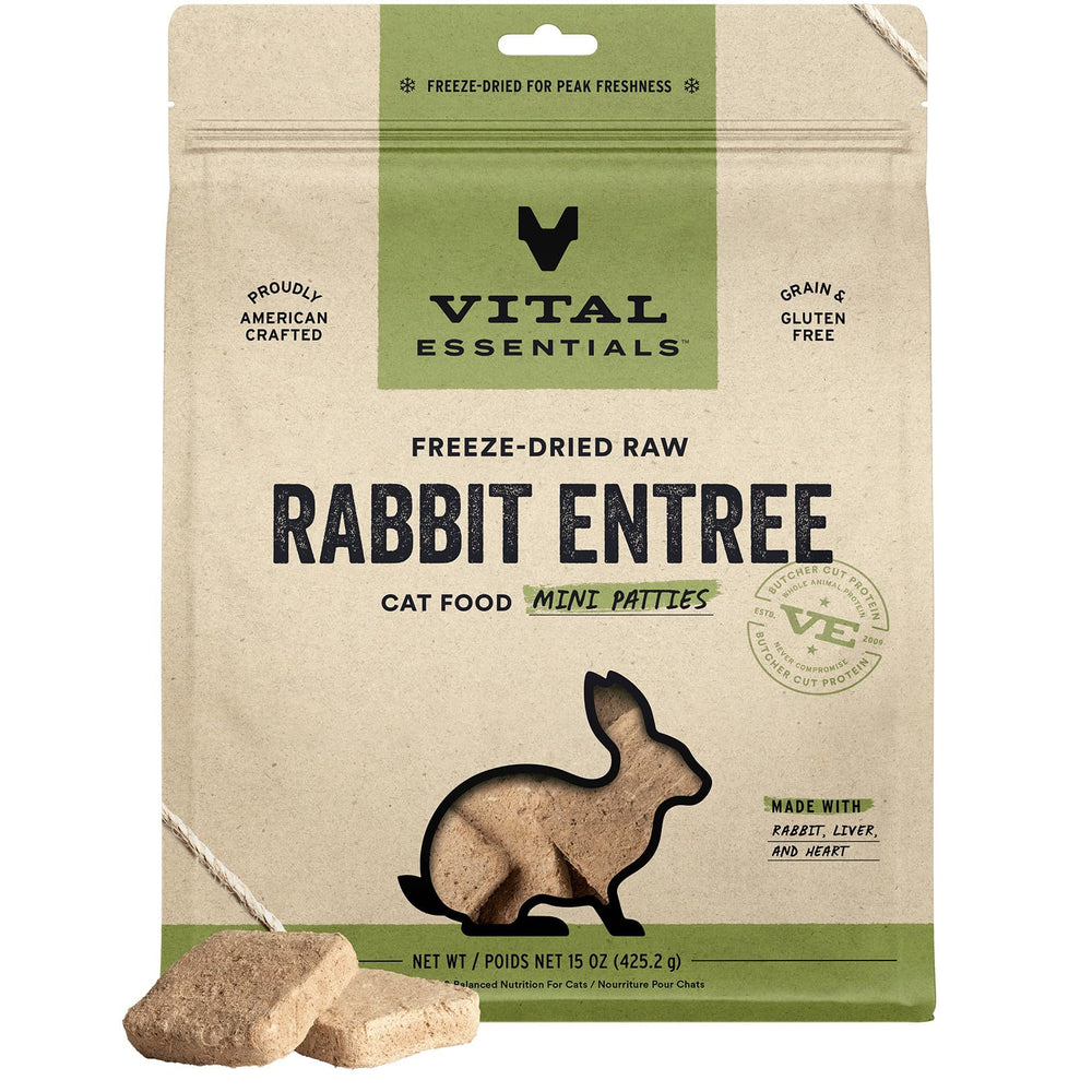 Vital Essentials patty lapin lyophilisée pour chat, protéine élevée et énergie durable.