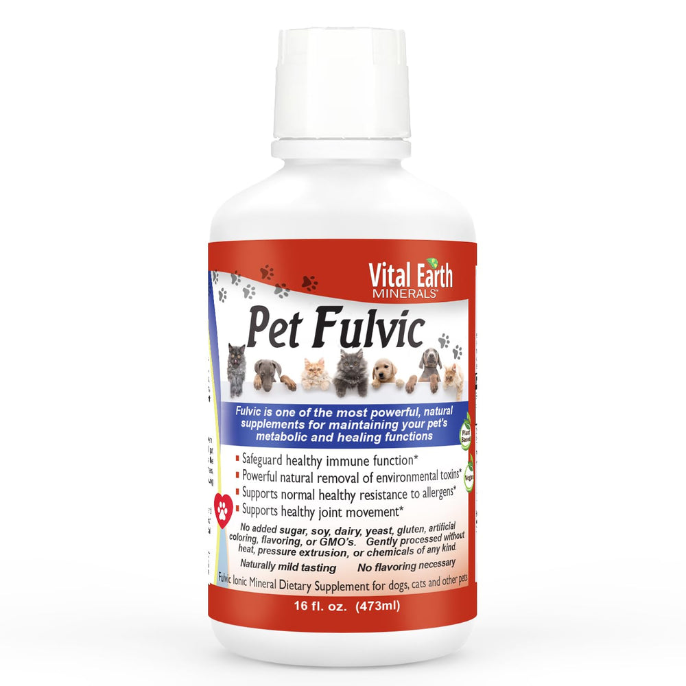 Vital Earth Minerals Pet Fulvic – bouteille prête à l'usage quotidien pour le bien-être animal.