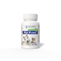 Vitality Science Pet Flora montre une bouteille et une dose faciles pour le soutien digestif