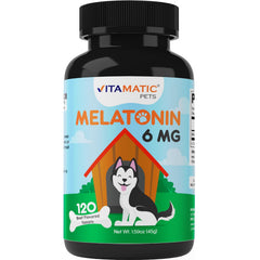 Vitamatic Mélatonine pour chien — comprimés goût boeuf, faciles à croquer pour favoriser une détente.