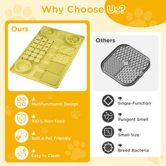 Zones d’alimentation distinctes sur le tapis Vokolesd pour un repas lent.