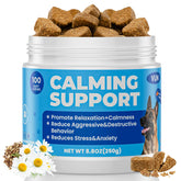 Friandises calmantes VUN pour chiens, flacon visible et apaisement après voyage.