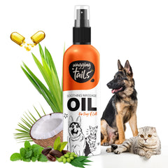 Wagging Tails présente la bouteille huile apaisante 6-en-1 prête à hydrater le pelage.