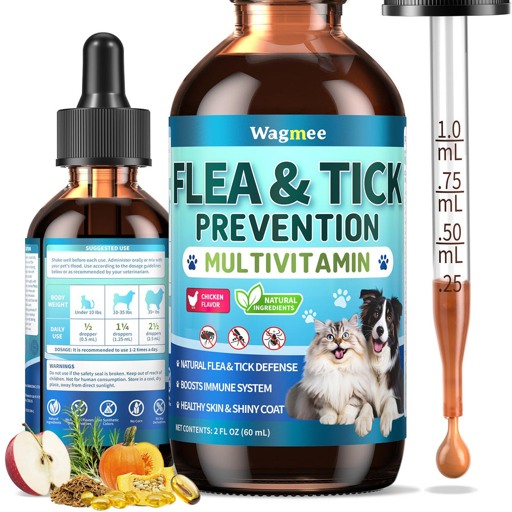 Wagmee soutient puces et tiques, flacon pratique pour administration facile.