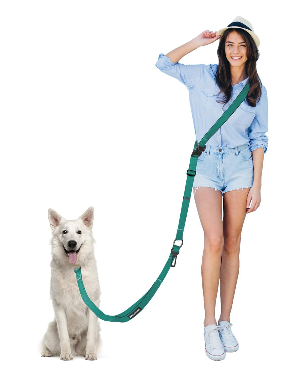 Laisse WANFIRE mains libres verte prête pour une promenade pratique.