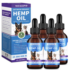 WEALLIN Huile de chanvre – bouteille et pipette pour chat apaisé.