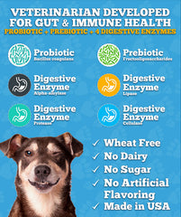 Well Loved Probiotiques pour Chiens — étiquette indiquant prébiotiques et enzymes digestives.