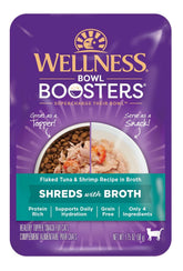 Wellness Bowl Boosters : thon et crevettes en morceaux dans bouillon, idéale hydratation.