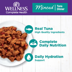 Wellness chat adulte — nourriture humide thon minces, texture appétente.
