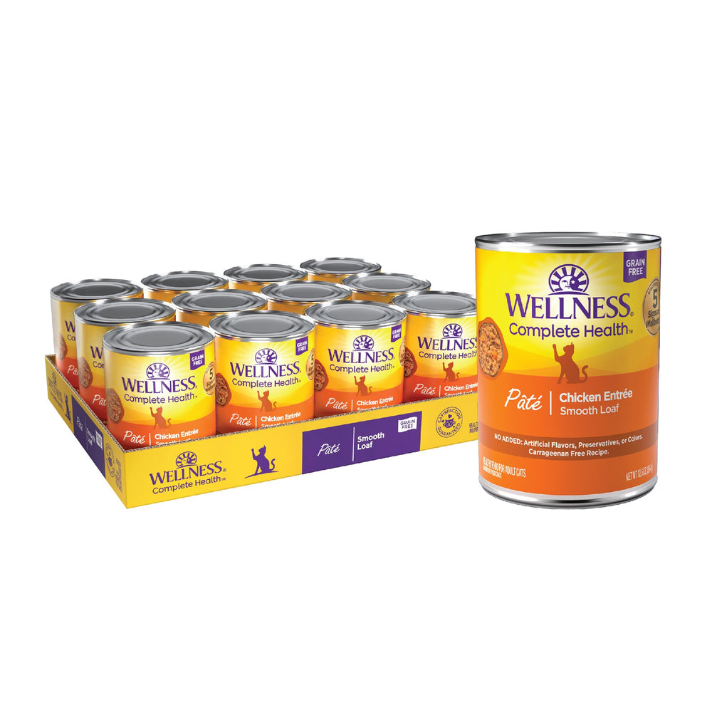 Wellness pâté chat adulte au poulet, boîte de 354 g, pratique et humide.