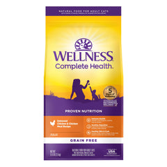 Wellness Chat, sachet de croquettes sans cereales au poulet, prêt pour le repas quotidien.
