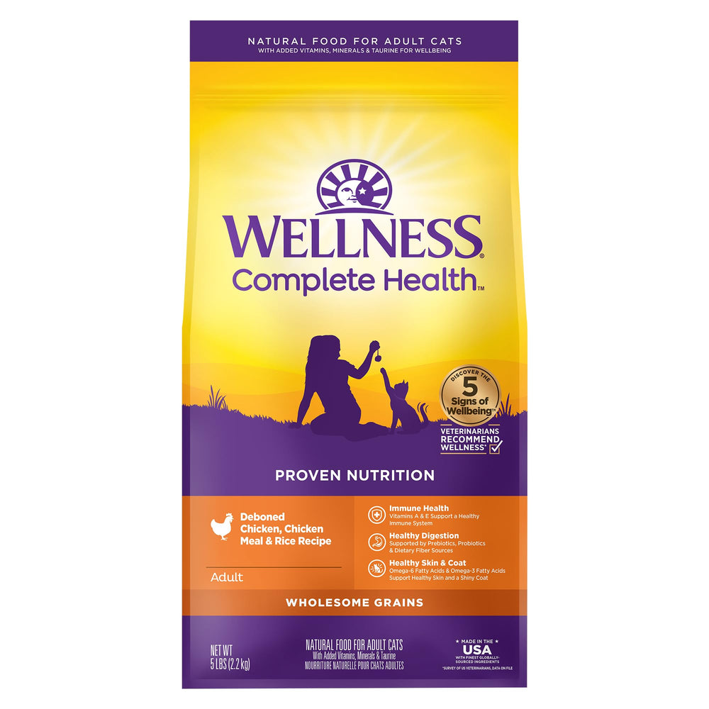 Wellness Complete Health pour chat adulte: croquettes poulet, texture croquante et appétence.