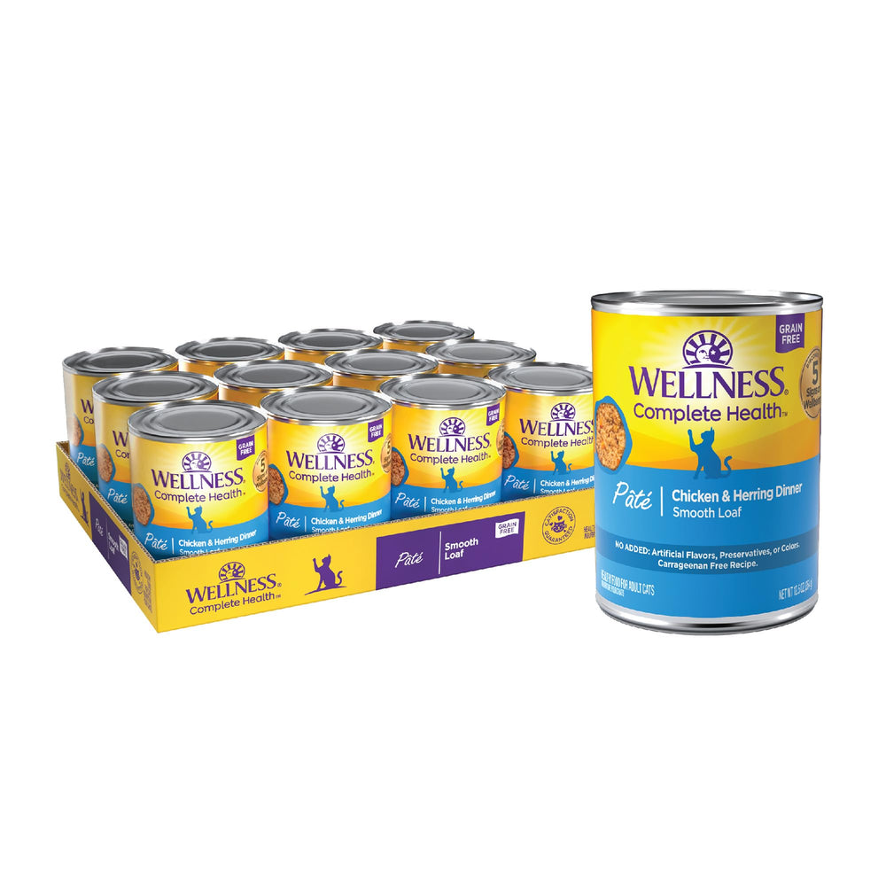 Wellness Pâté chat adulte: poulet et hareng en boîte, protéines de qualité.