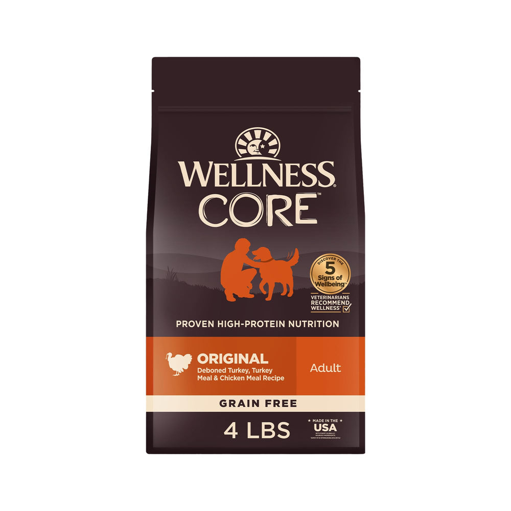 Wellness CORE croquettes sans grains – dinde et poulet pour chien adulte, protéines élevées.