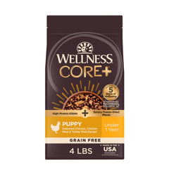 Wellness CORE+ Chiots: croquettes sans céréales pour énergie naturelle.
