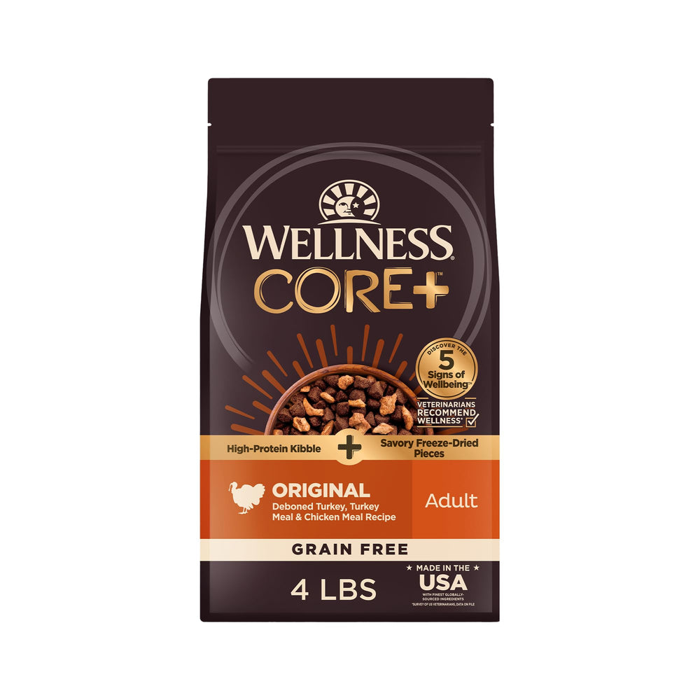 Wellness CORE+ croquettes adultes sans céréales pour soutien nutritionnel et énergie quotidienne.