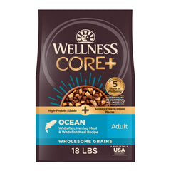 Wellness CORE+ Croquettes chien, image de croquettes riches en protéines pour chien actif.