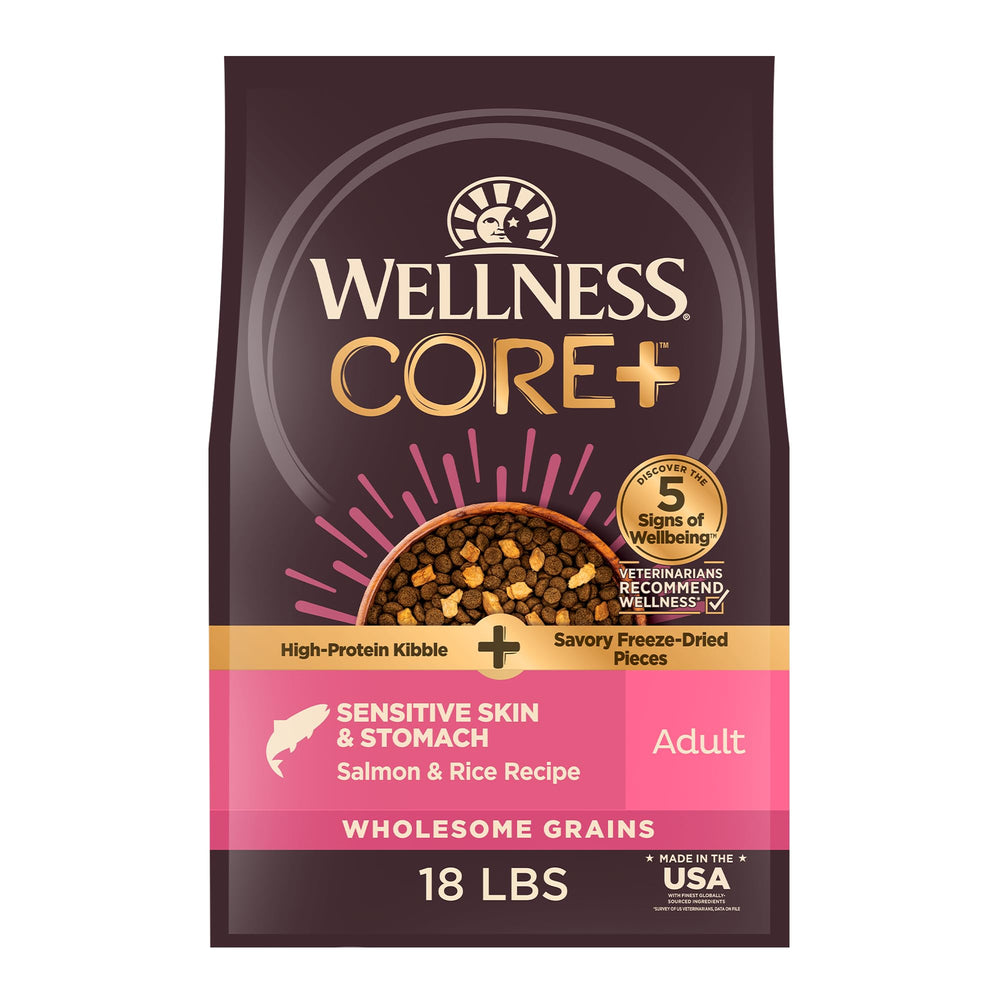Wellness CORE+ croquettes-peau-estomac favorise peau saine et digestion douce.