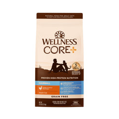 Wellness CORE+ Hairball croquettes-poulet pour chat adulte, soutien protéines et vitalité.