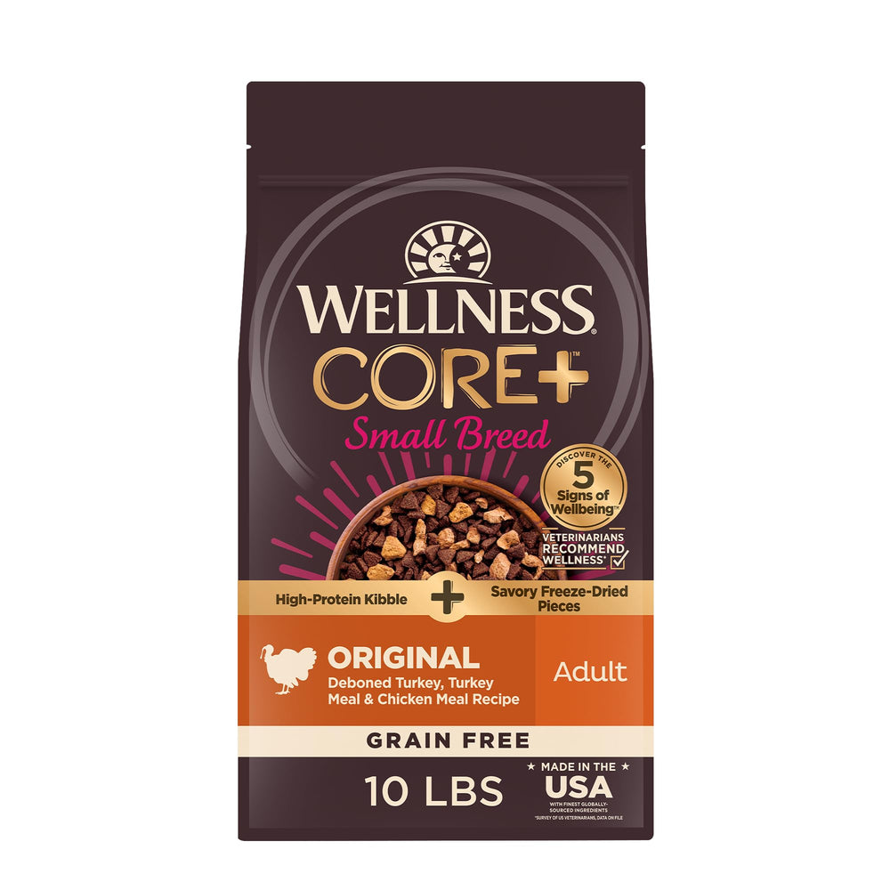 Wellness CORE+ Petite Race croquettes sans céréales avec dinde et poulet, protéines élevées.