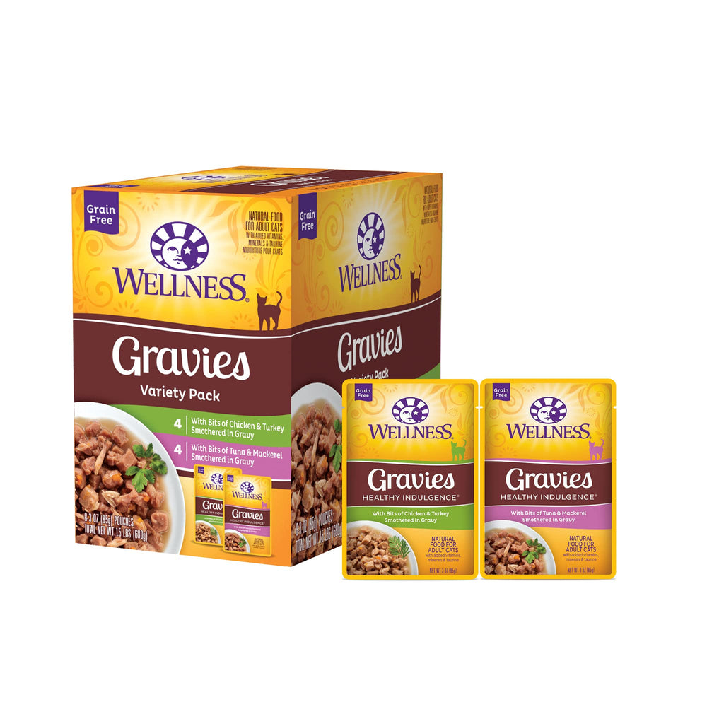 Wellness gravies poulet-dinde en sauce savoureuse, repas humide équilibré pour chat adulte.
