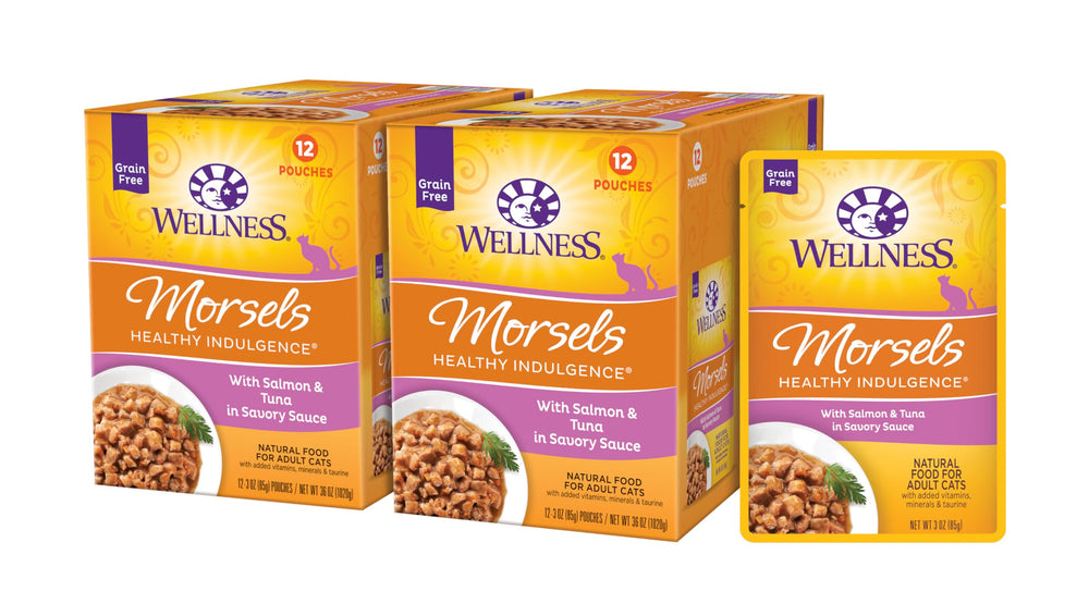 Wellness Indulgence Morsels: sachet ouvert avec sauce; repas pratique pour chat.