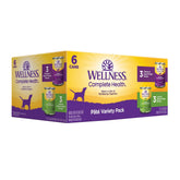 Vue d’ensemble du coffret Wellness, six boîtes de pâté pour chien, facile à servir.