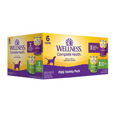 Vue d’ensemble du coffret Wellness, six boîtes de pâté pour chien, facile à servir.
