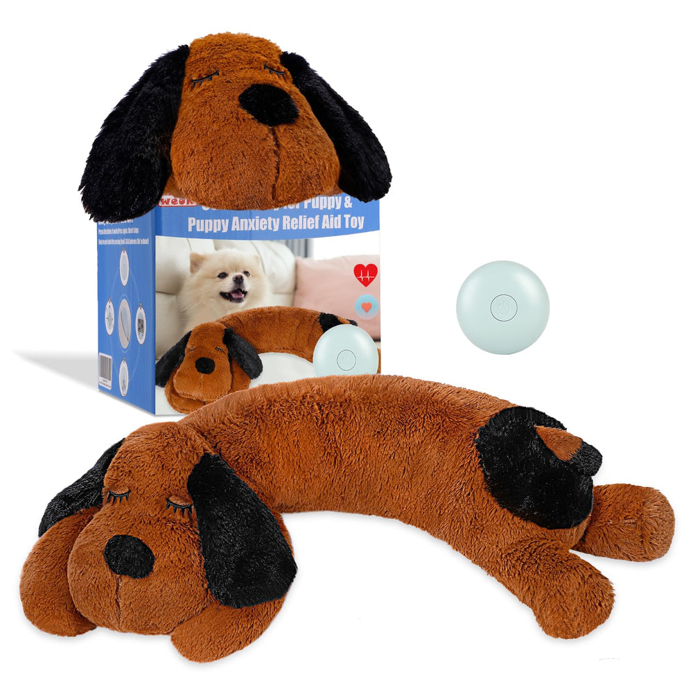 Doudou WEOK avec cœur battant rassure le chiot.
