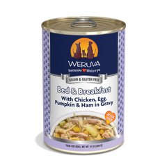 Repas humide Weruva pour chien, poulet et jambon en sauce, vue emballage – attrayant et pratique.