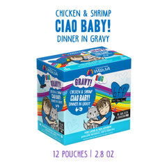 Chat appréciant le plat Weruva OMG avec poulet et crevettes en sauce