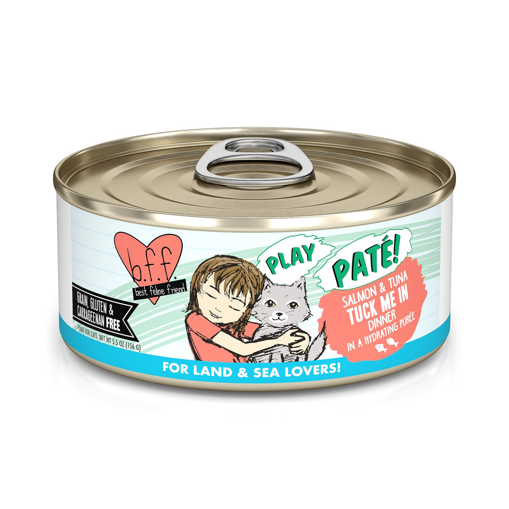 Weruva B.F.F. Play pâté crème saumon-thon, texture onctueuse idéale pour un repas savoureux.