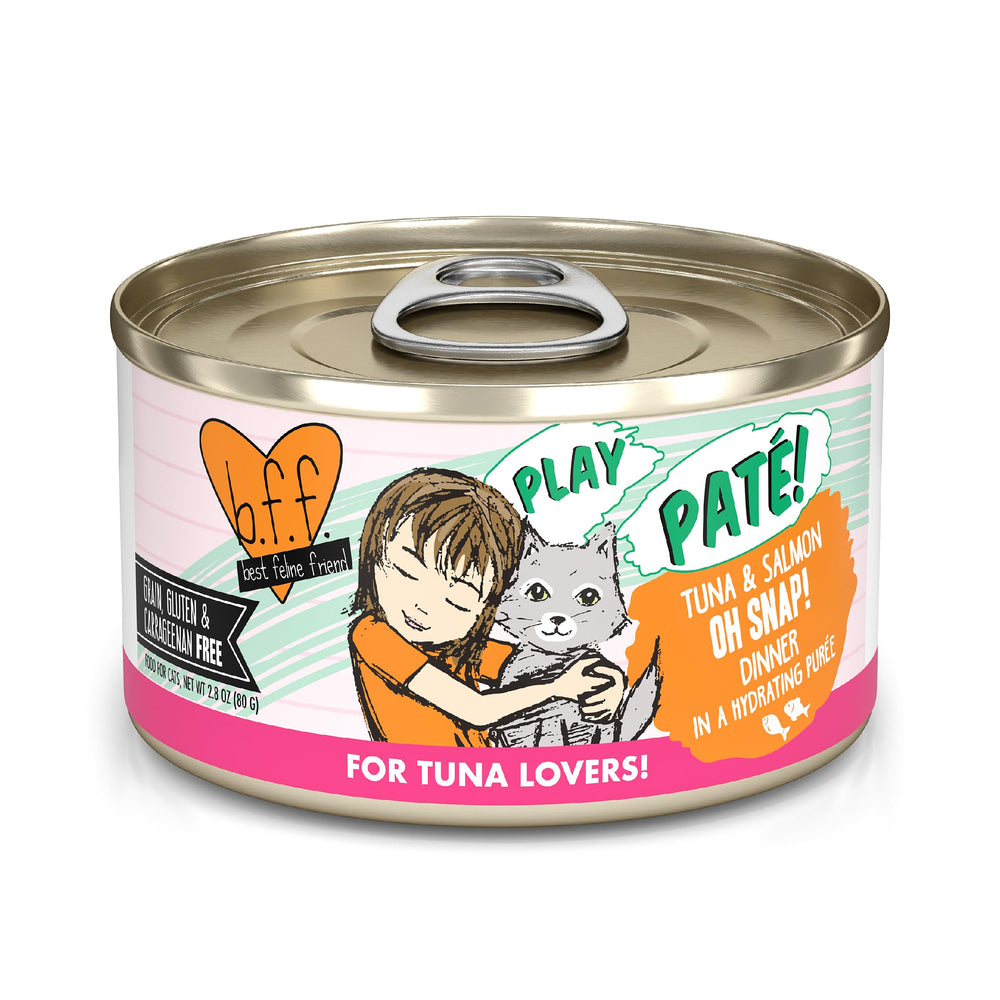 Weruva BFF Play paté cremeuse thon saumon, texture lisse idéale pour chats gourmands.