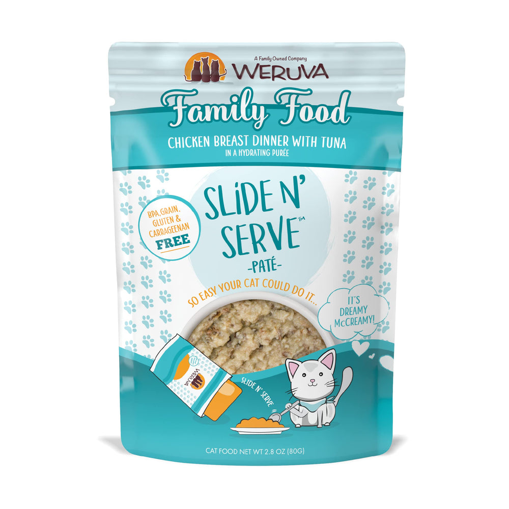 Weruva Chat Pâté poulet-thon Slide N Serve, sachet facile à ouvrir pour repas rapide.